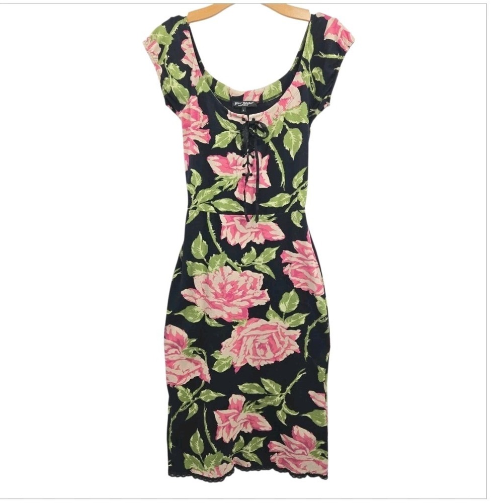 Betsey Johnson New York Dress Size Small Black Floral Stretch Cotton 1990's Y2K